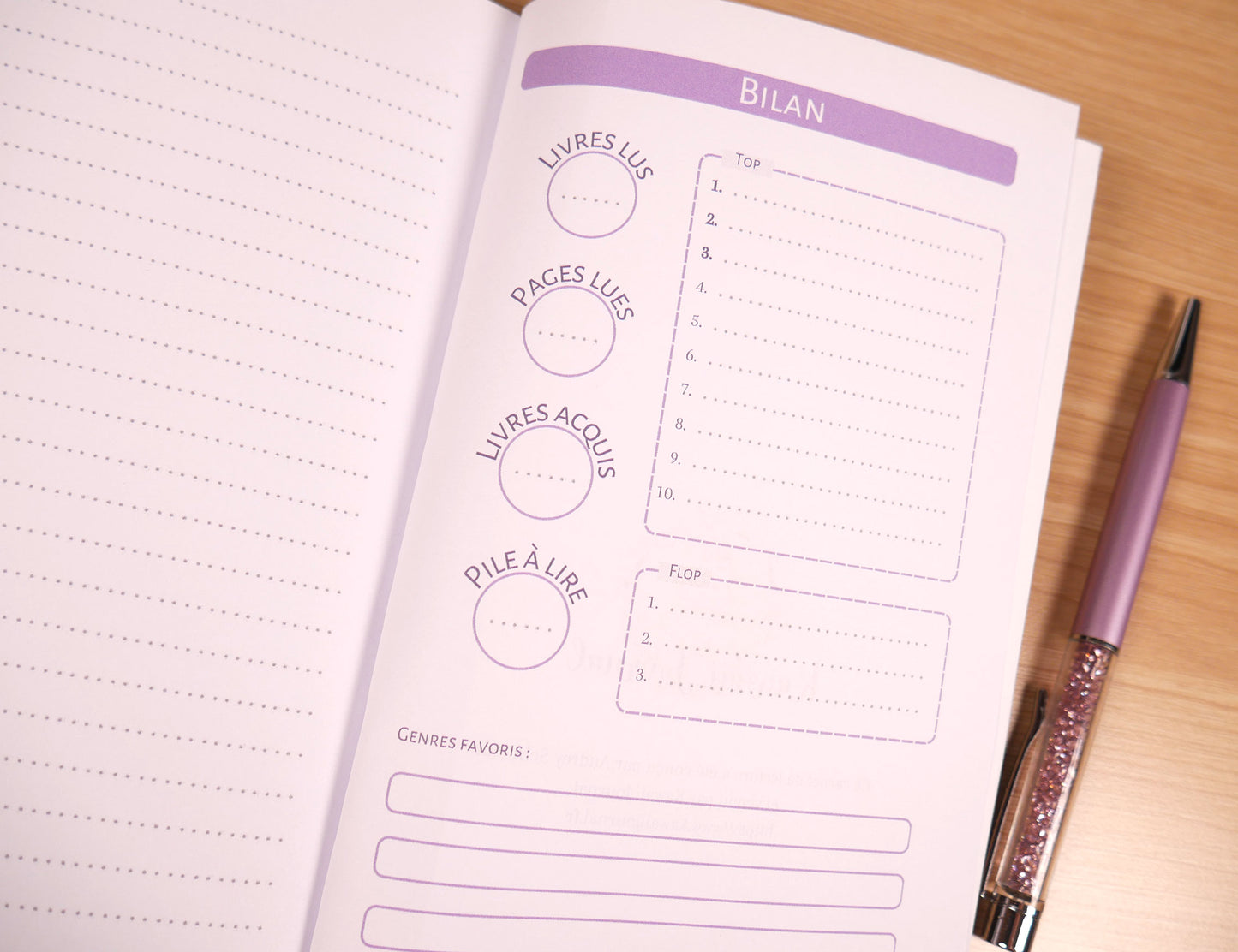 Carnet de lecture A5 sur un bureau page bilan livres lus pages lues top flop