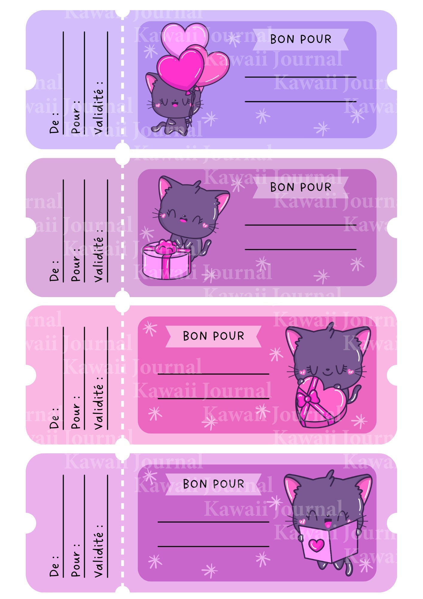 Coupons cadeaux kawaii personnalisables à offrir chat violet