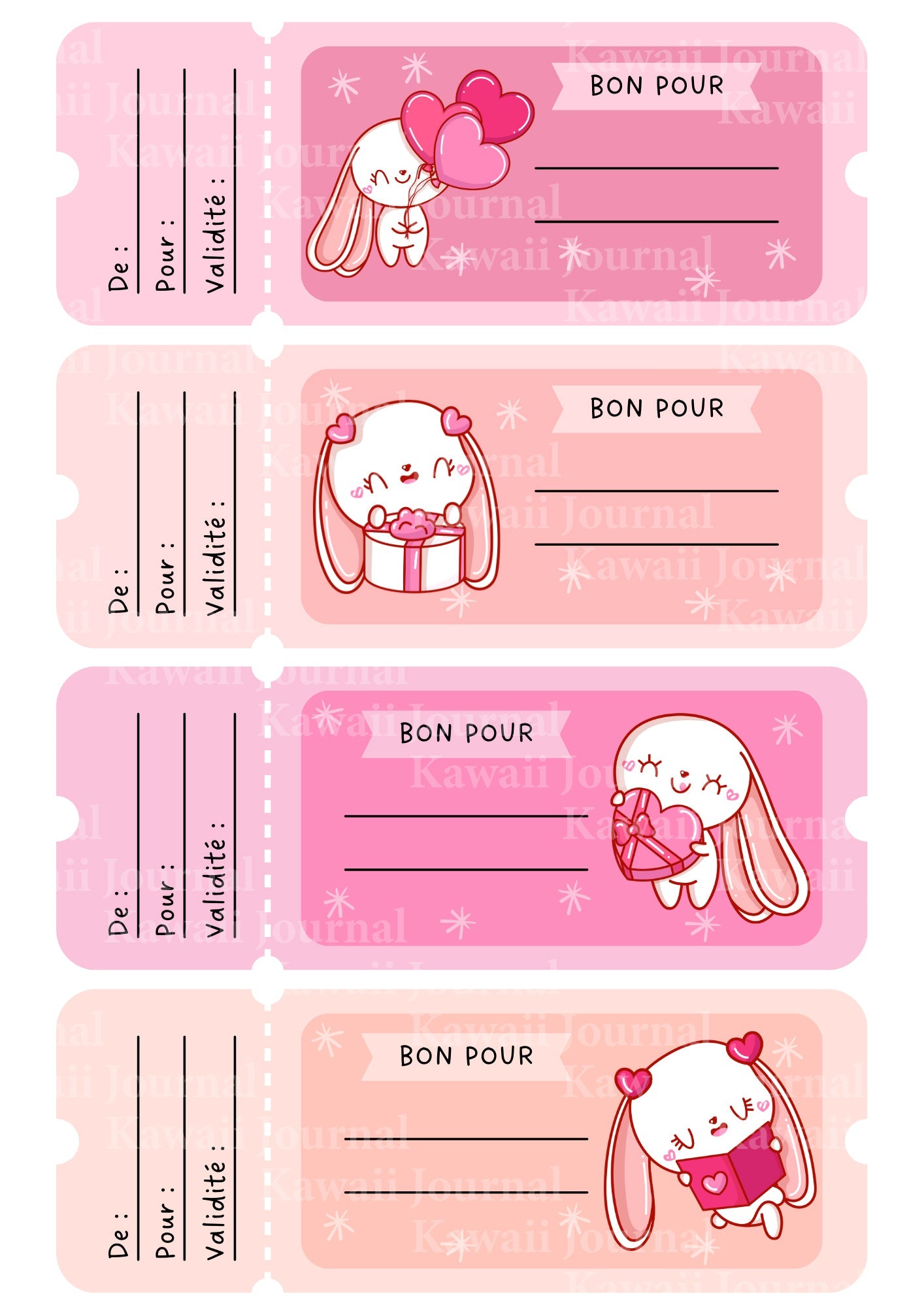 Coupons cadeaux kawaii personnalisables à offrir lapin rose