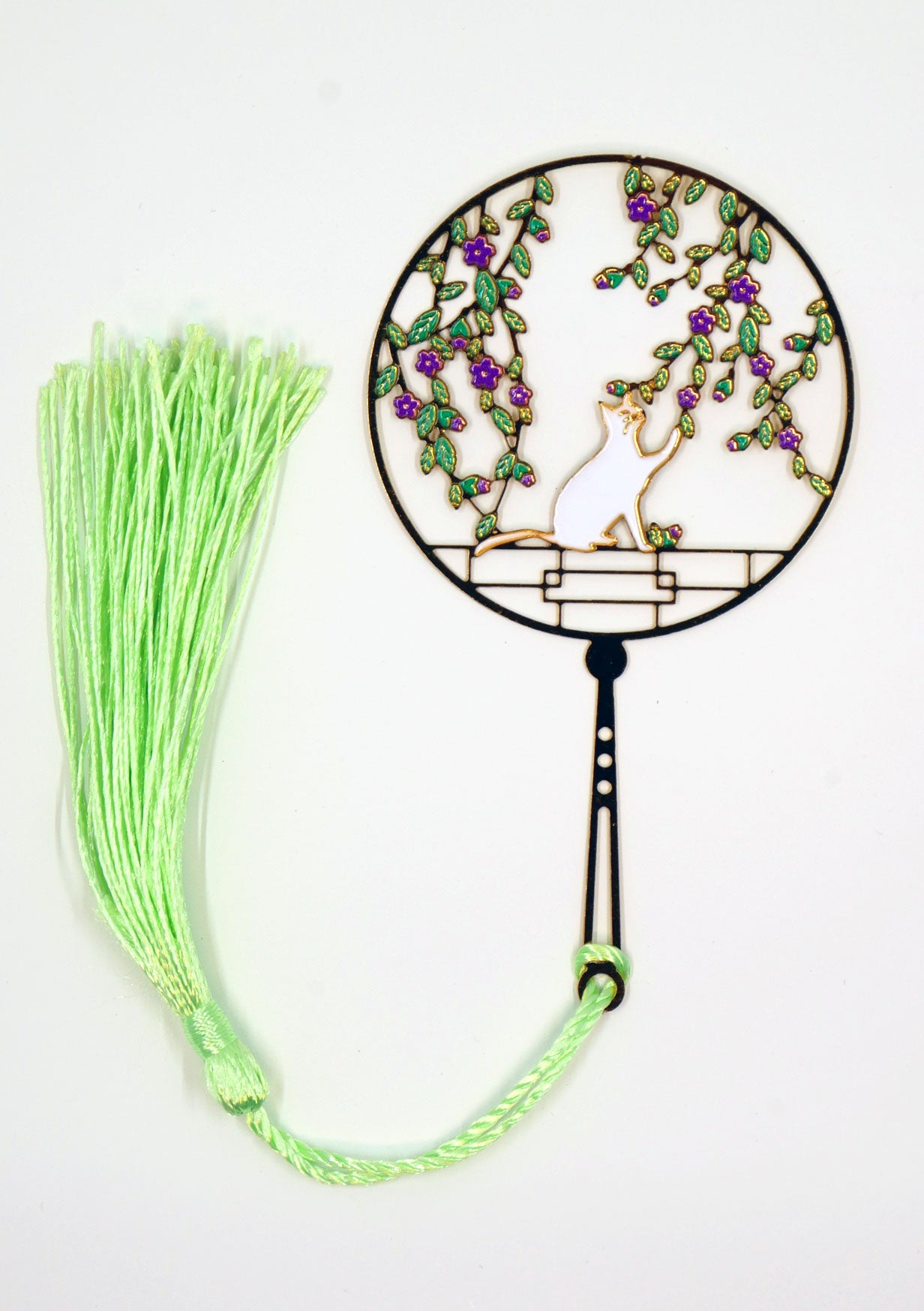 Marque-page japonais - chat fleurs vert