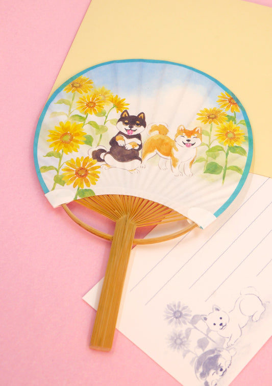 Éventail japonais uchiwa, papier à lettre et enveloppe - Chien Shiba et tournesol