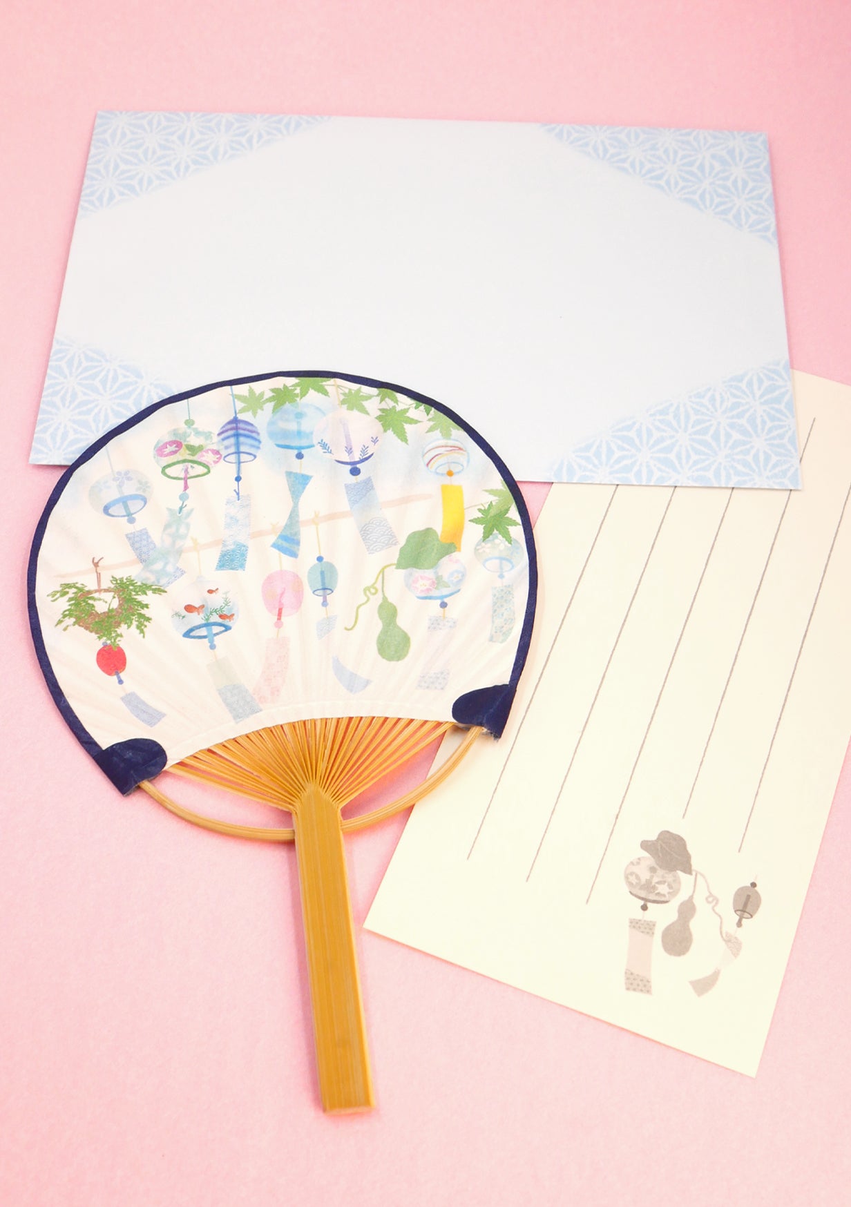 Éventail japonais uchiwa, papier à lettre et enveloppe - Furin
