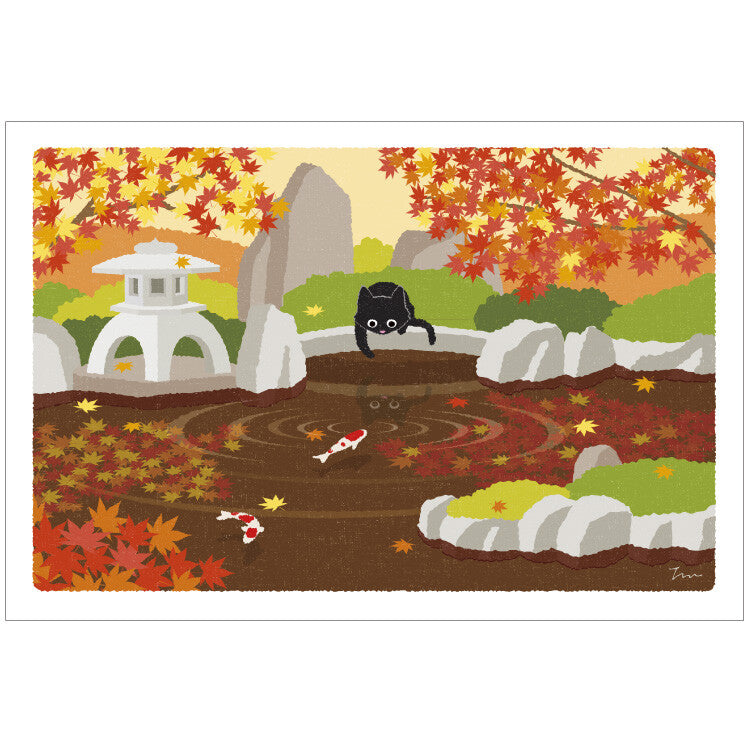 Carte Postale - Automne Tabineko, carpe koï dans un jardin japonais
