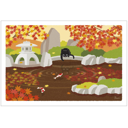 Carte Postale - Automne Tabineko, carpe koï dans un jardin japonais