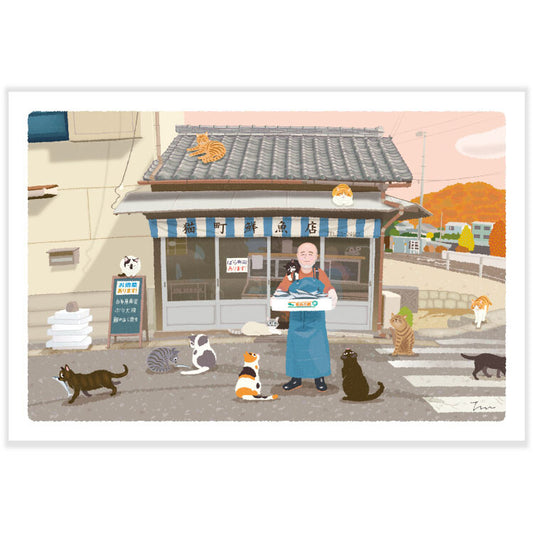 Carte Postale - Automne Tabineko, vendeur de poissons à la ville aux chats