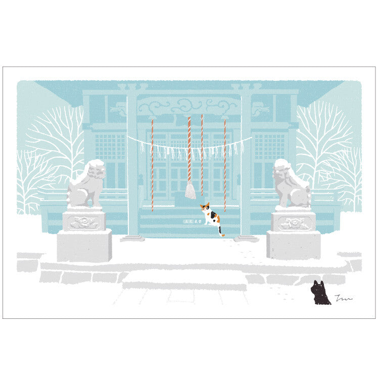 Carte Postale - Hiver Tabineko et sanctuaire japonais