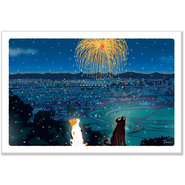 Carte Postale - Été Tabineko et feux d'artifices