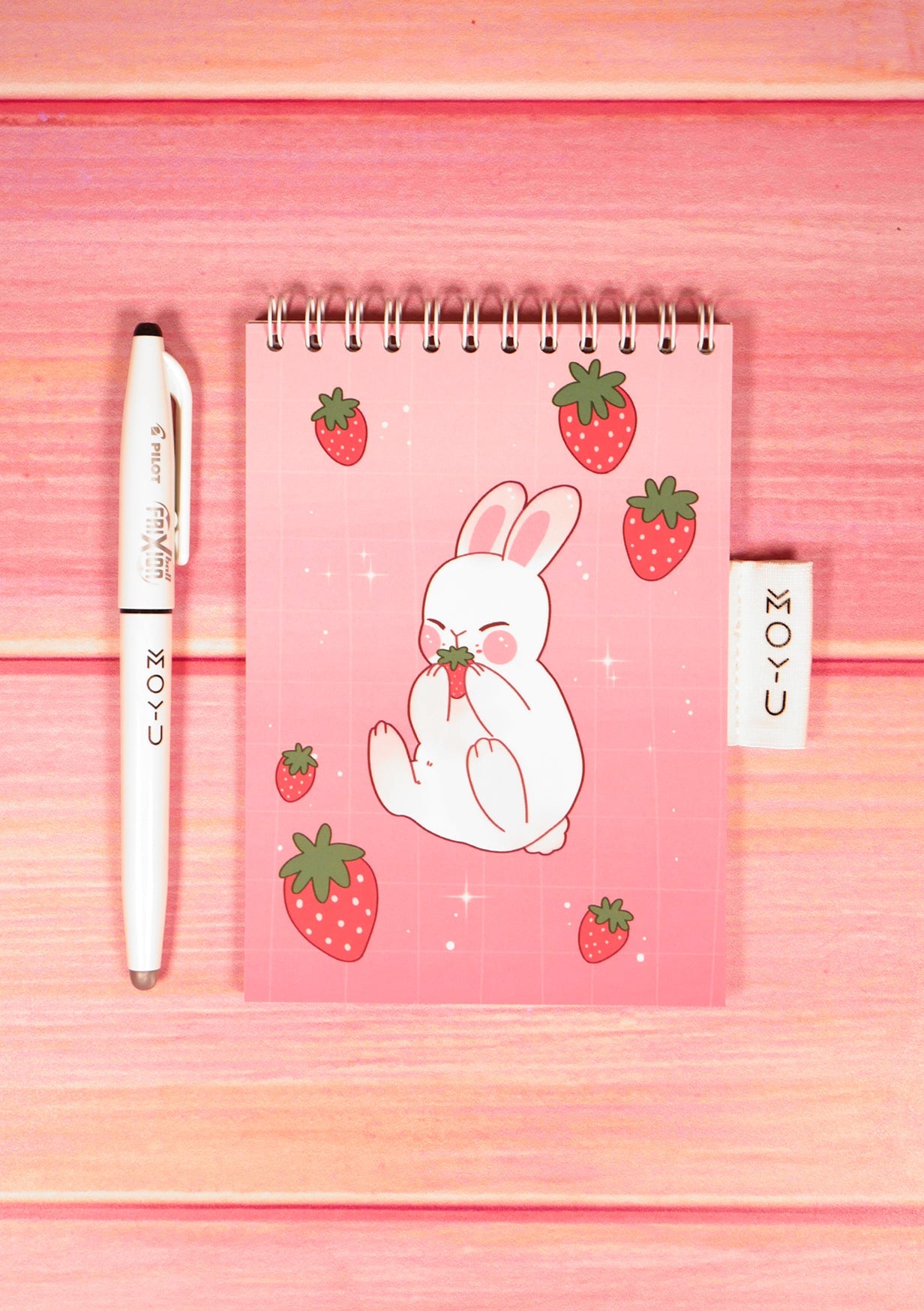 Bloc-notes effaçable en papier-pierre - Lapin et fraises - support stylo et stylo Moyu