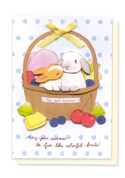 Carte 3D et enveloppe - Lapins et panier de fruits d'été - Schinako Moriyama