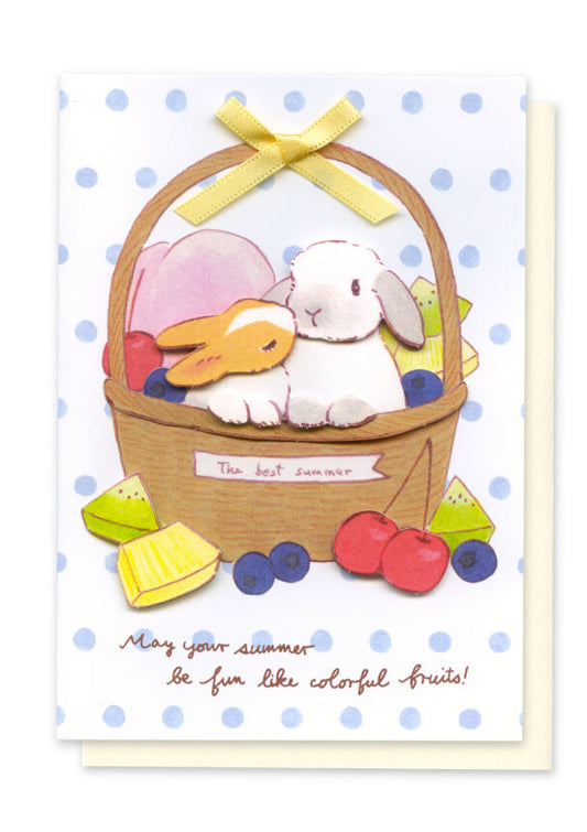 Carte 3D et enveloppe - Lapins et panier de fruits d'été - Schinako Moriyama