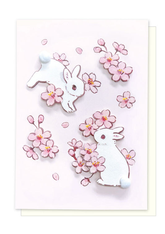 Carte 3D et enveloppe - Lapins blancs et sakura - Schinako Moriyama