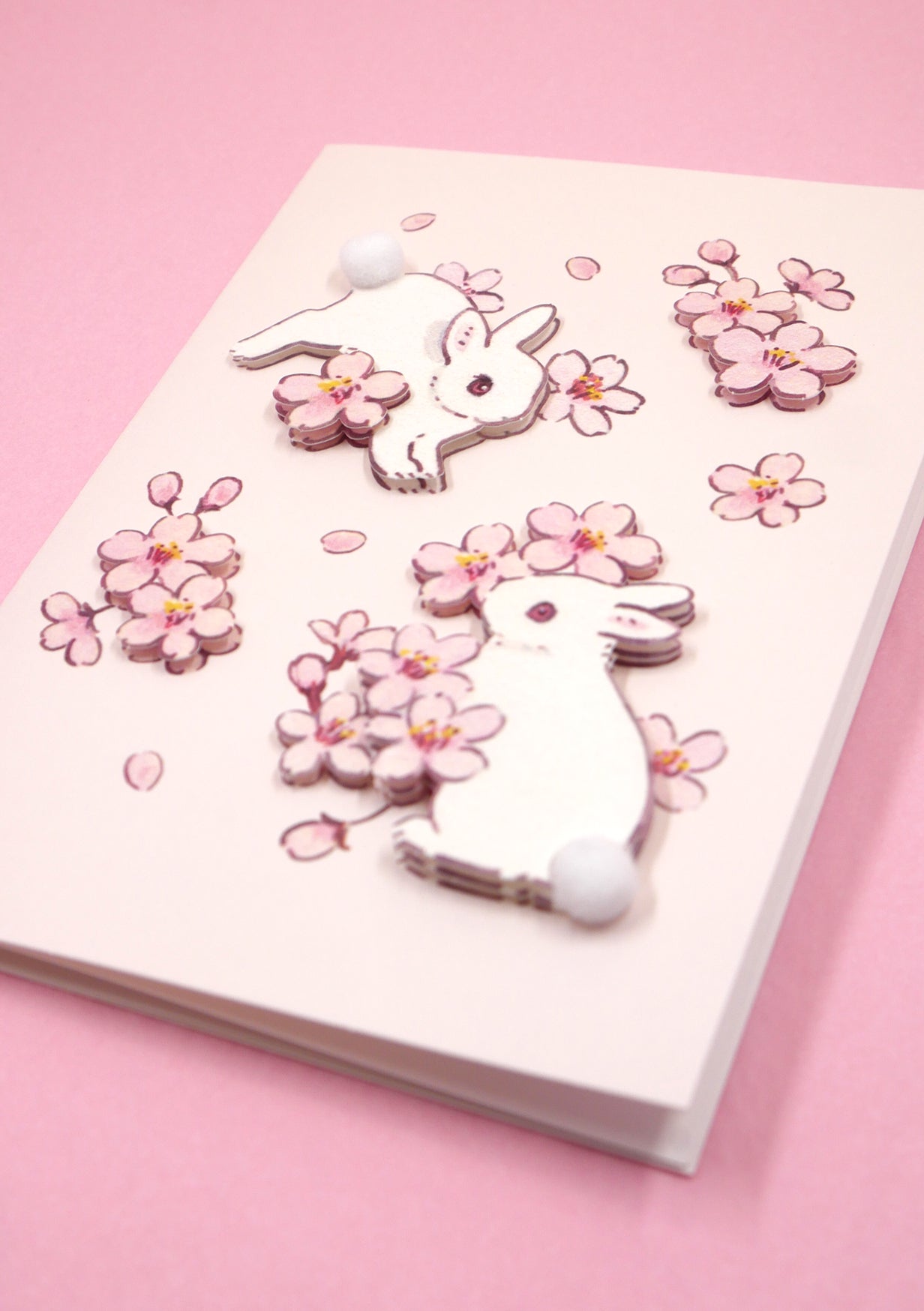 Carte 3D et enveloppe - Lapins blancs et sakura - Schinako Moriyama