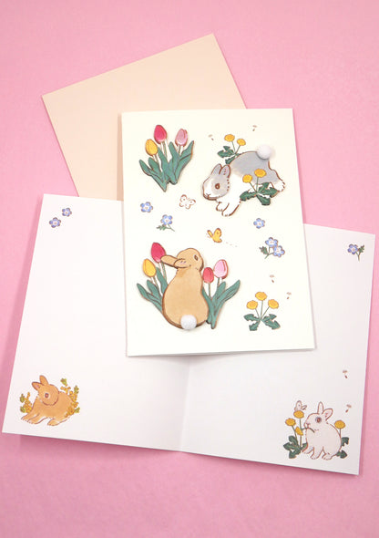 Carte 3D et enveloppe - Lapins et tulipe - Schinako Moriyama