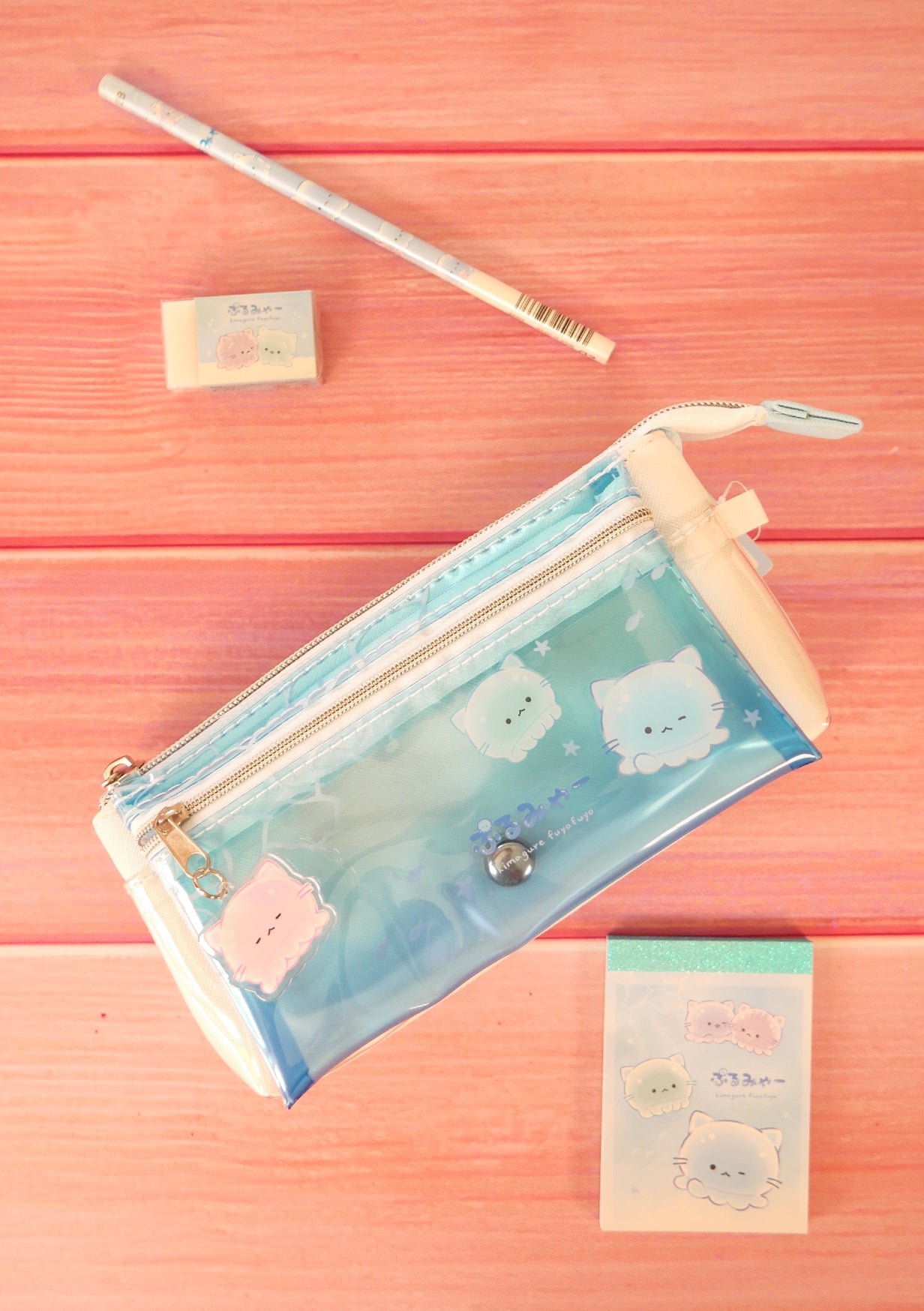 Pack de papeterie - Chat méduse (collection d'été) trousse crayon gomme et memo pad