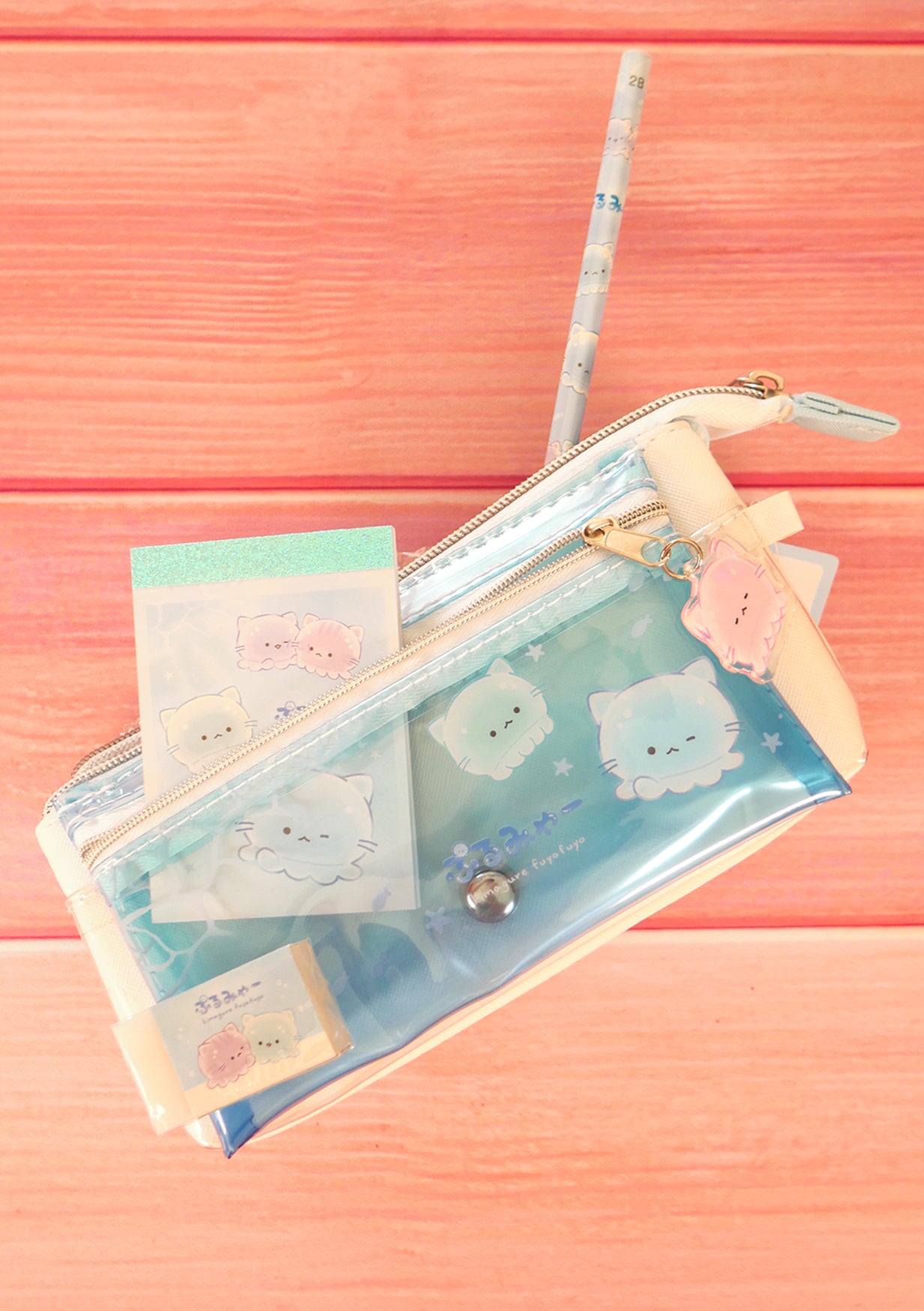 Pack de papeterie - Chat méduse (collection d'été) trousse crayon gomme et memo pad