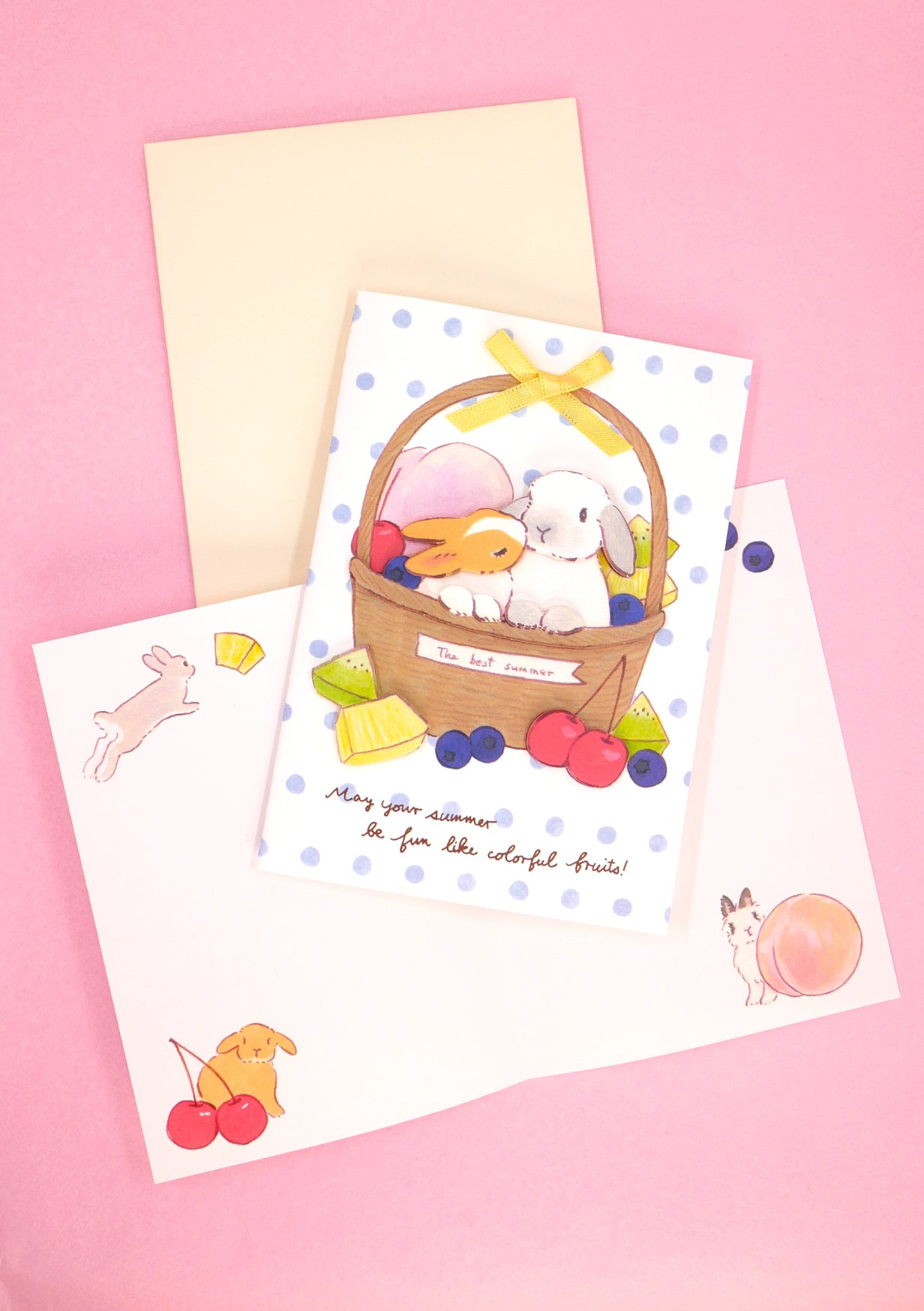 Carte 3D et enveloppe - Lapins et panier de fruits d'été - Schinako Moriyama