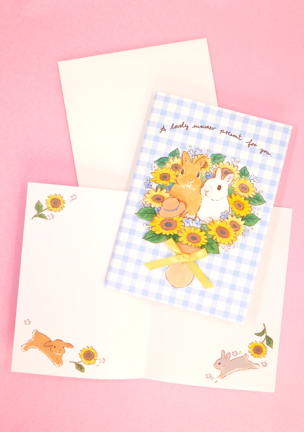 Carte 3D et enveloppe - Lapins et tournesols - Schinako Moriyama