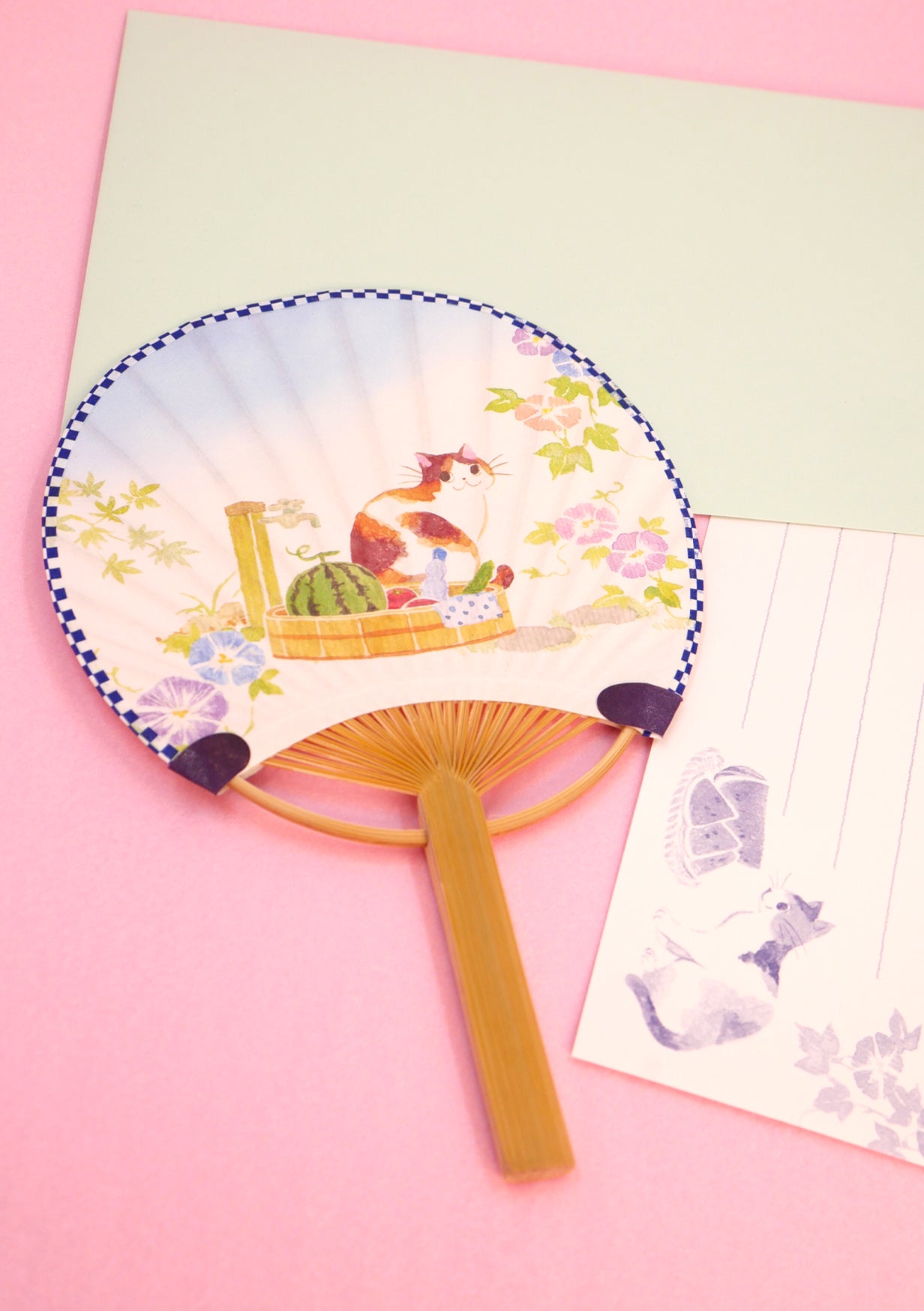 Éventail japonais uchiwa, papier à lettre et enveloppe - Chat et Asagao