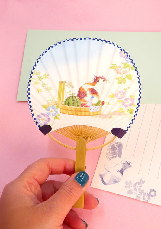 Éventail japonais uchiwa, papier à lettre et enveloppe - Chat et Asagao