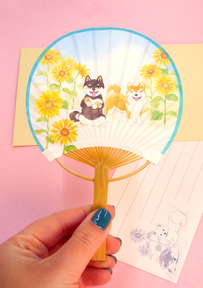 Éventail japonais uchiwa, papier à lettre et enveloppe - Chien Shiba et tournesol