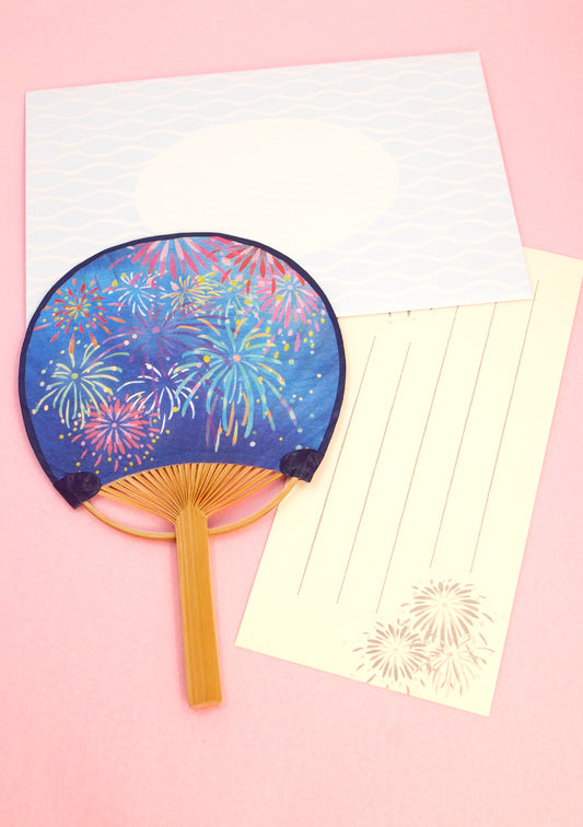 Éventail japonais uchiwa, papier à lettre et enveloppe - Feux d'artifices