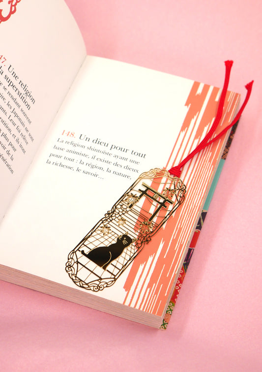 Marque-page japonais doré - Chat et torii avec un livre