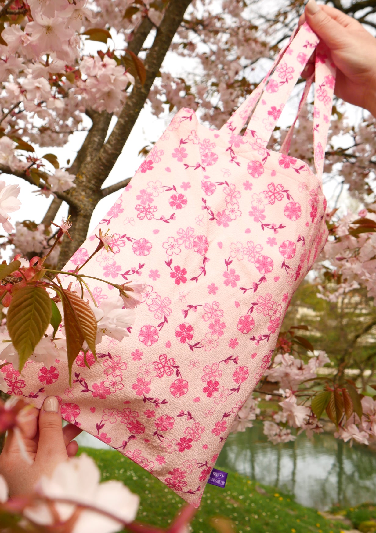 Tote-bag en tissu japonais - Sakura (rose) et fleurs de cerisiers