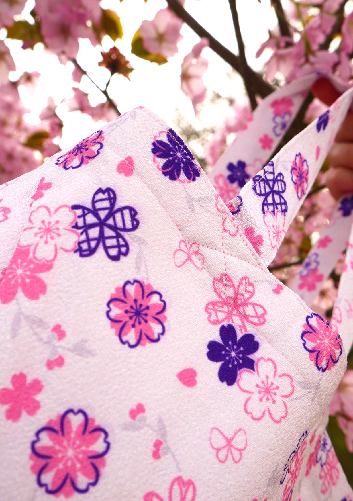 Tote-bag en tissu japonais - Sakura (violet et rose) zoom